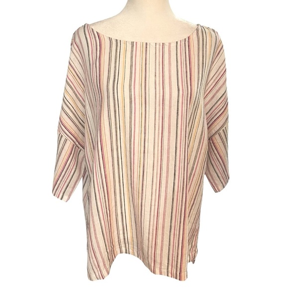 Chico’s Linen Blend Striped Tunic Top Size M White Pink Multi Button Sleeve Boxy - Picture 4 of 13